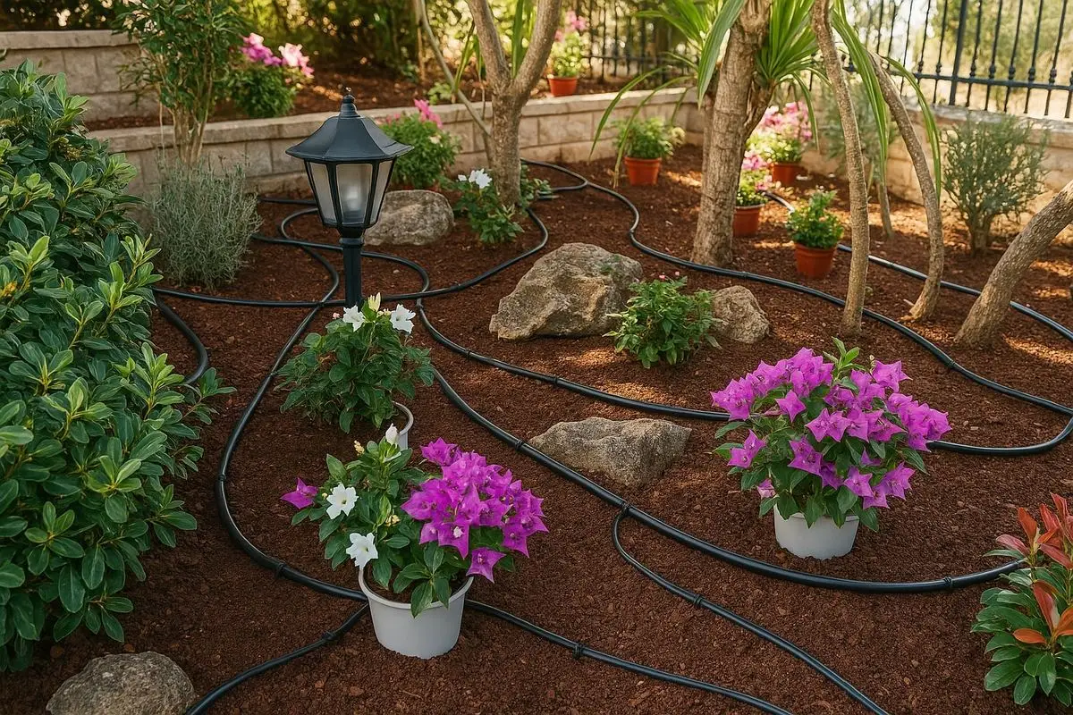 Drip irrigation lines beside a flower bed