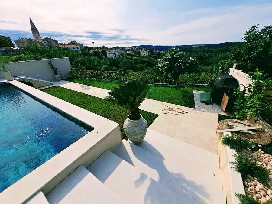 Pool with a potted palm and lawn